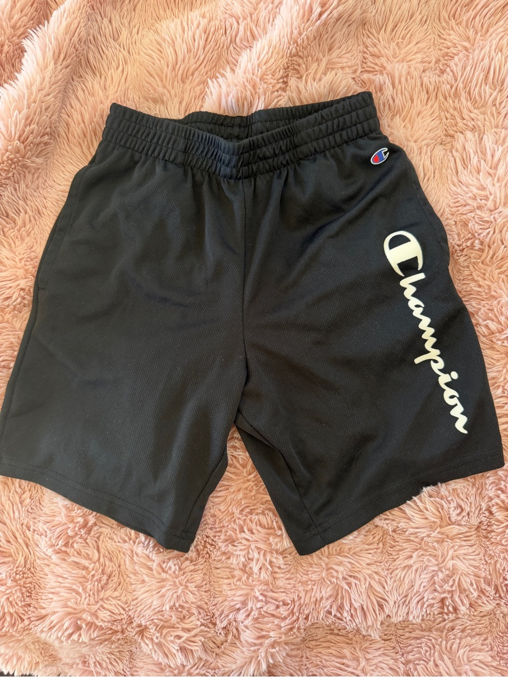 Champion boys Black Athletic Shorts with White Script Logo